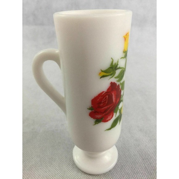 Avon Red Yellow Roses Flowers White Milk Glass Mug Handled Pedestal Bud Vase - Picture 11 of 13